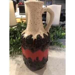 Bay Ceramic Fat Lava Vase, 7120, Fire Red Black Lava Cream Splatter Wear Germany